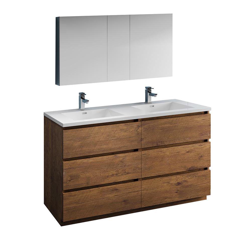 Fresca Lazzaro 60" Rosewood Free Standing Double Sink Modern Bathroom Vanity w/ Medicine Cabinet