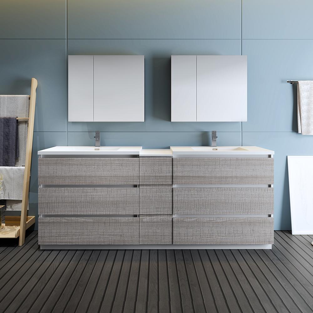 Fresca Lazzaro 84" Glossy Ash Gray Free Standing Double Sink Modern Bathroom Vanity w/ Medicine Cabinet