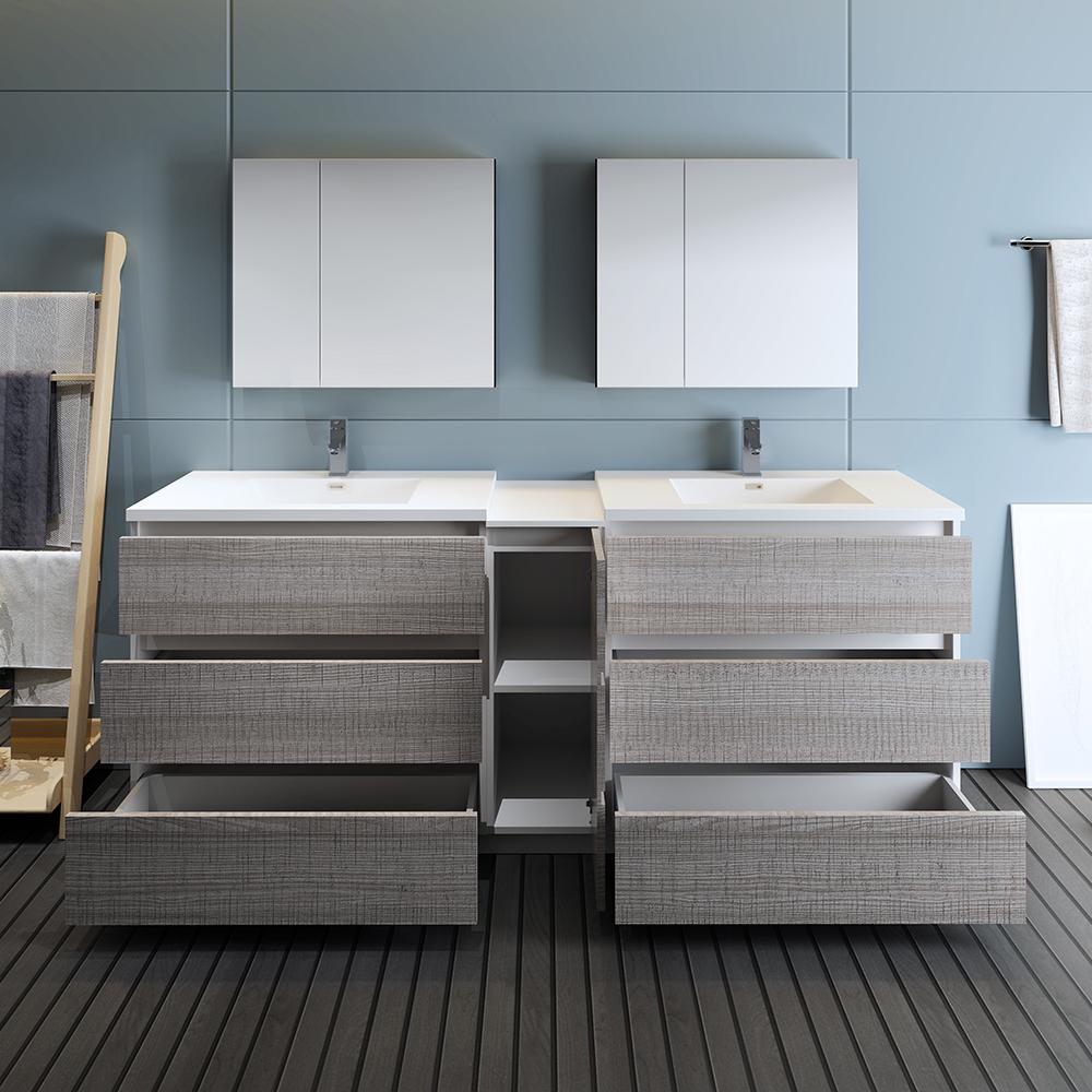 Fresca Lazzaro 84" Glossy Ash Gray Free Standing Double Sink Modern Bathroom Vanity w/ Medicine Cabinet