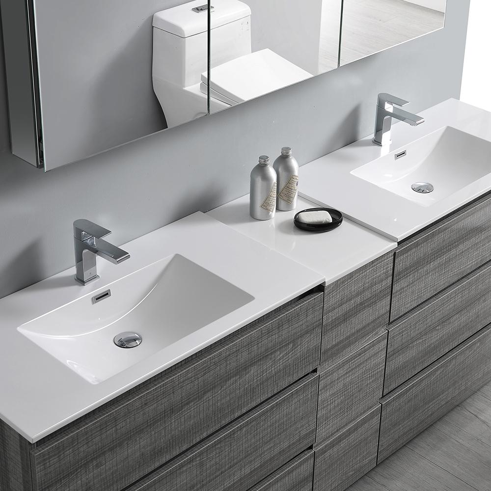 Fresca Lazzaro 84" Glossy Ash Gray Free Standing Double Sink Modern Bathroom Vanity w/ Medicine Cabinet