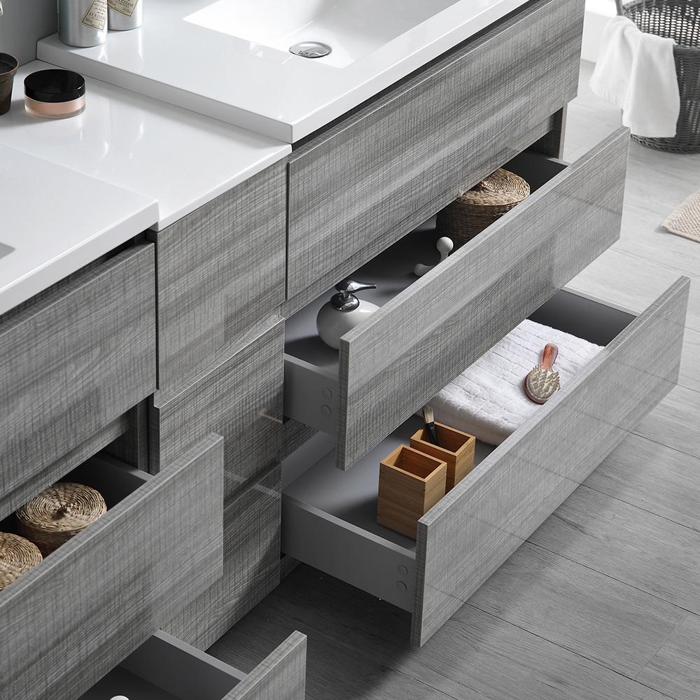 Fresca Lazzaro 84" Glossy Ash Gray Free Standing Double Sink Modern Bathroom Vanity w/ Medicine Cabinet