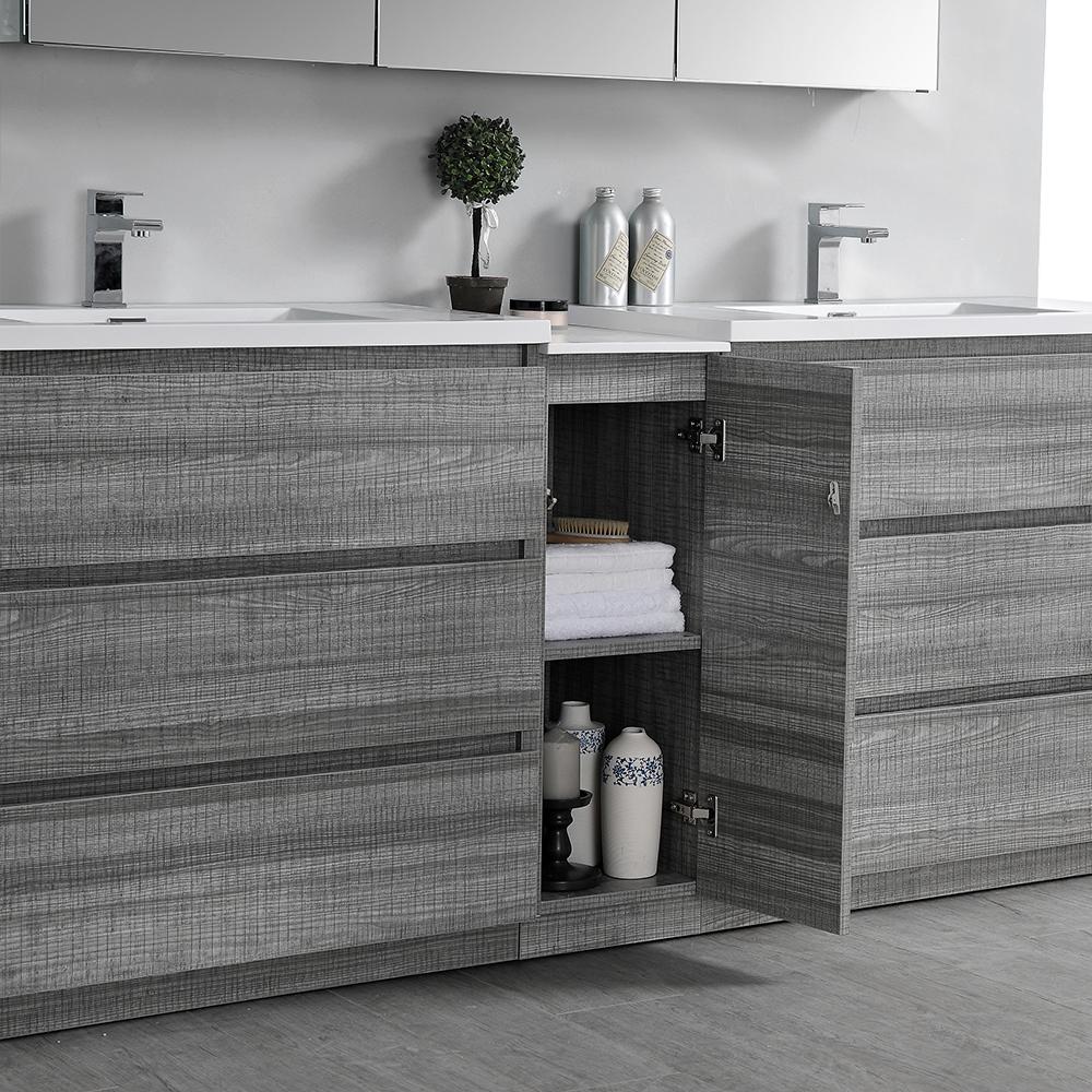 Fresca Lazzaro 84" Glossy Ash Gray Free Standing Double Sink Modern Bathroom Vanity w/ Medicine Cabinet