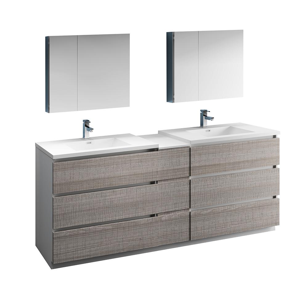 Fresca Lazzaro 84" Glossy Ash Gray Free Standing Double Sink Modern Bathroom Vanity w/ Medicine Cabinet