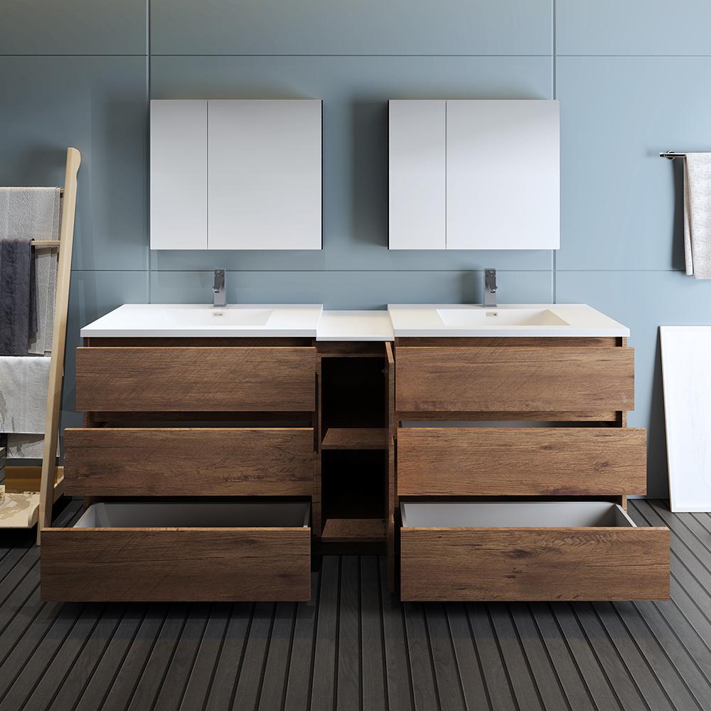 Fresca Lazzaro 84" Rosewood Free Standing Double Sink Modern Bathroom Vanity w/ Medicine Cabinet