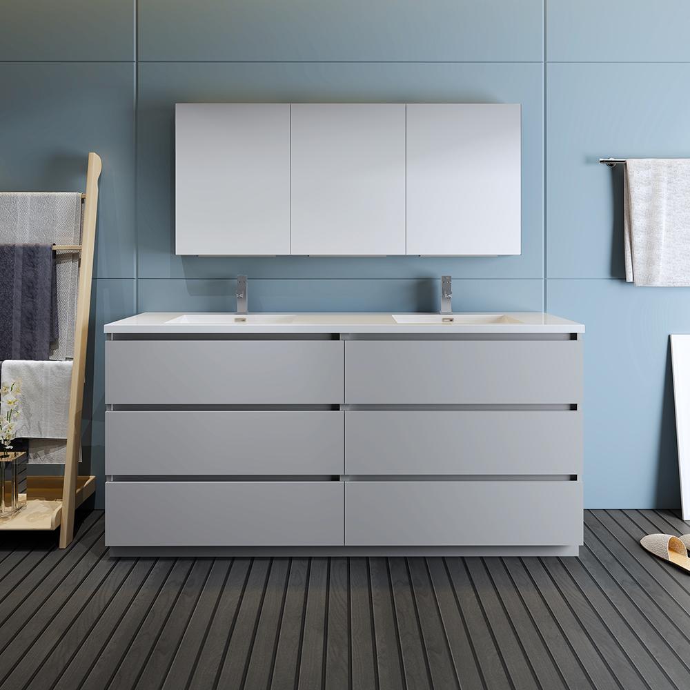 Fresca Lazzaro 72" Gray Free Standing Double Sink Modern Bathroom Vanity w/ Medicine Cabinet