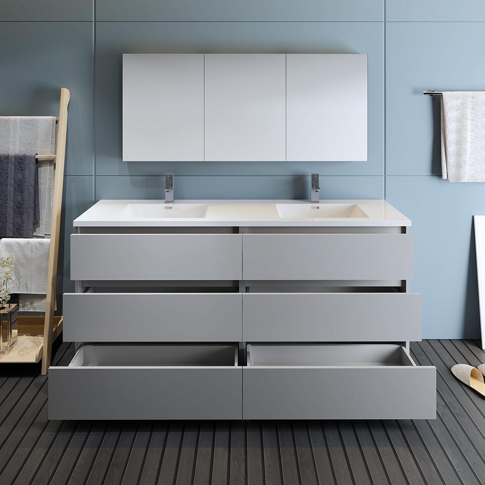 Fresca Lazzaro 72" Gray Free Standing Double Sink Modern Bathroom Vanity w/ Medicine Cabinet