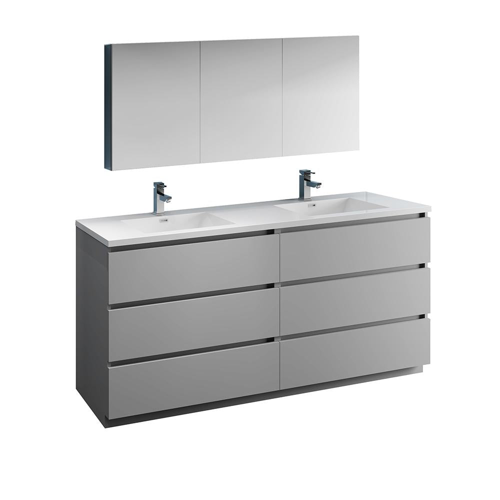 Fresca Lazzaro 72" Gray Free Standing Double Sink Modern Bathroom Vanity w/ Medicine Cabinet