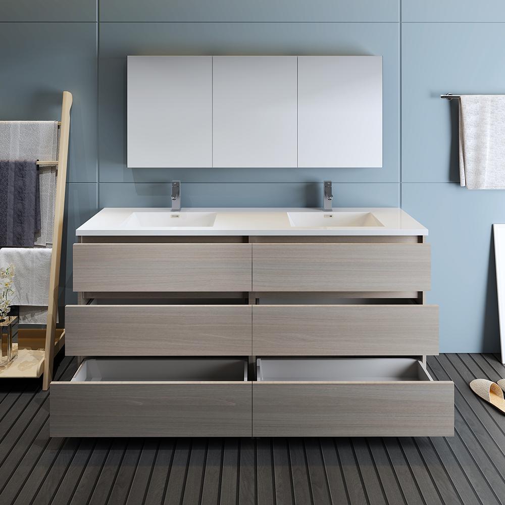 Fresca Lazzaro 72" Gray Wood Free Standing Double Sink Modern Bathroom Vanity w/ Medicine Cabinet