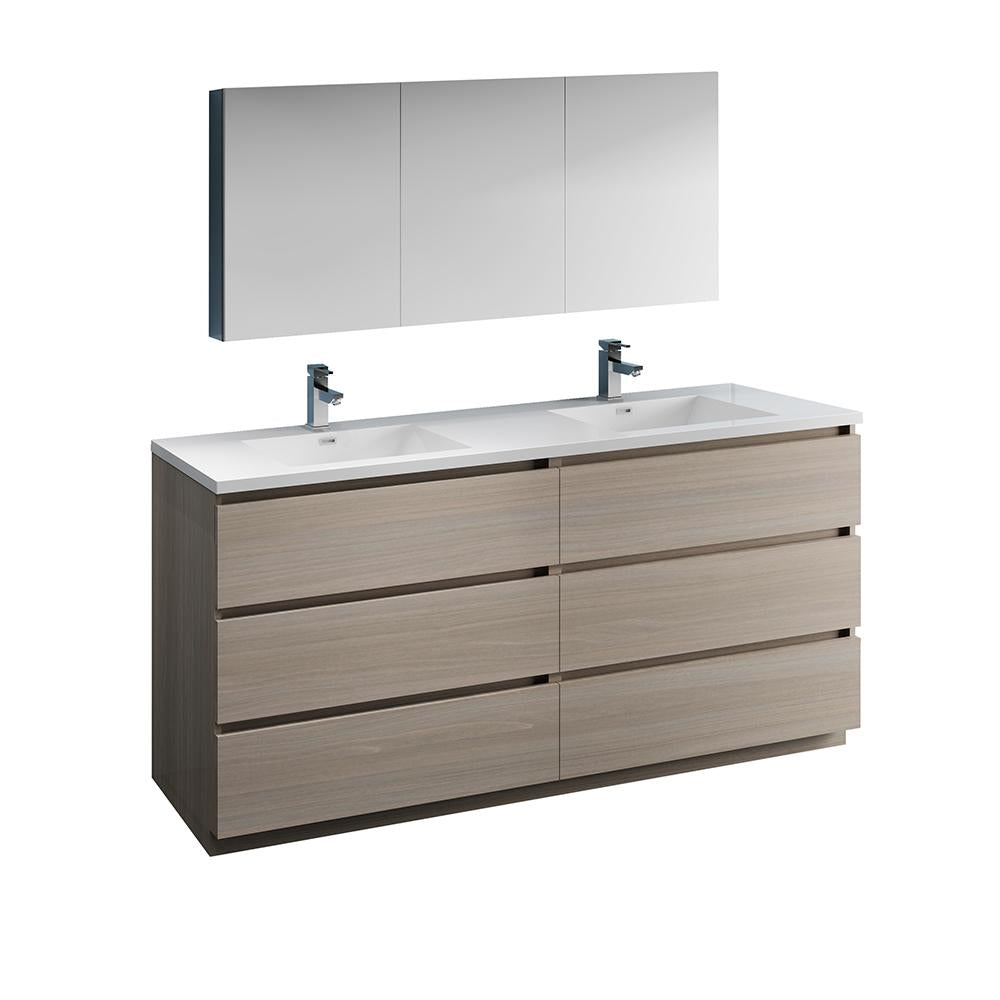Fresca Lazzaro 72" Gray Wood Free Standing Double Sink Modern Bathroom Vanity w/ Medicine Cabinet
