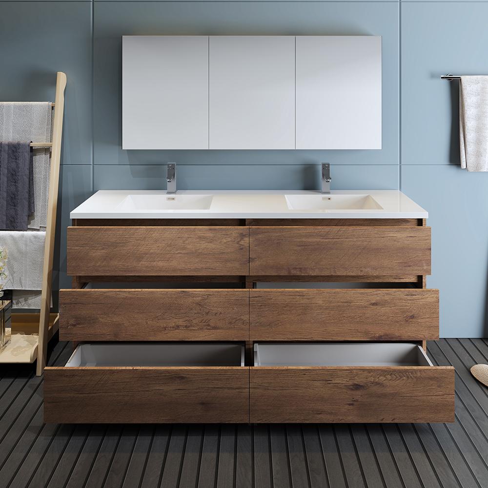 Fresca Lazzaro 72" Rosewood Free Standing Double Sink Modern Bathroom Vanity w/ Medicine Cabinet