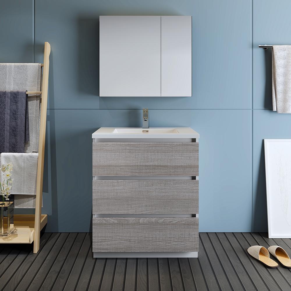 Fresca Lazzaro 30" Glossy Ash Gray Free Standing Modern Bathroom Vanity w/ Medicine Cabinet
