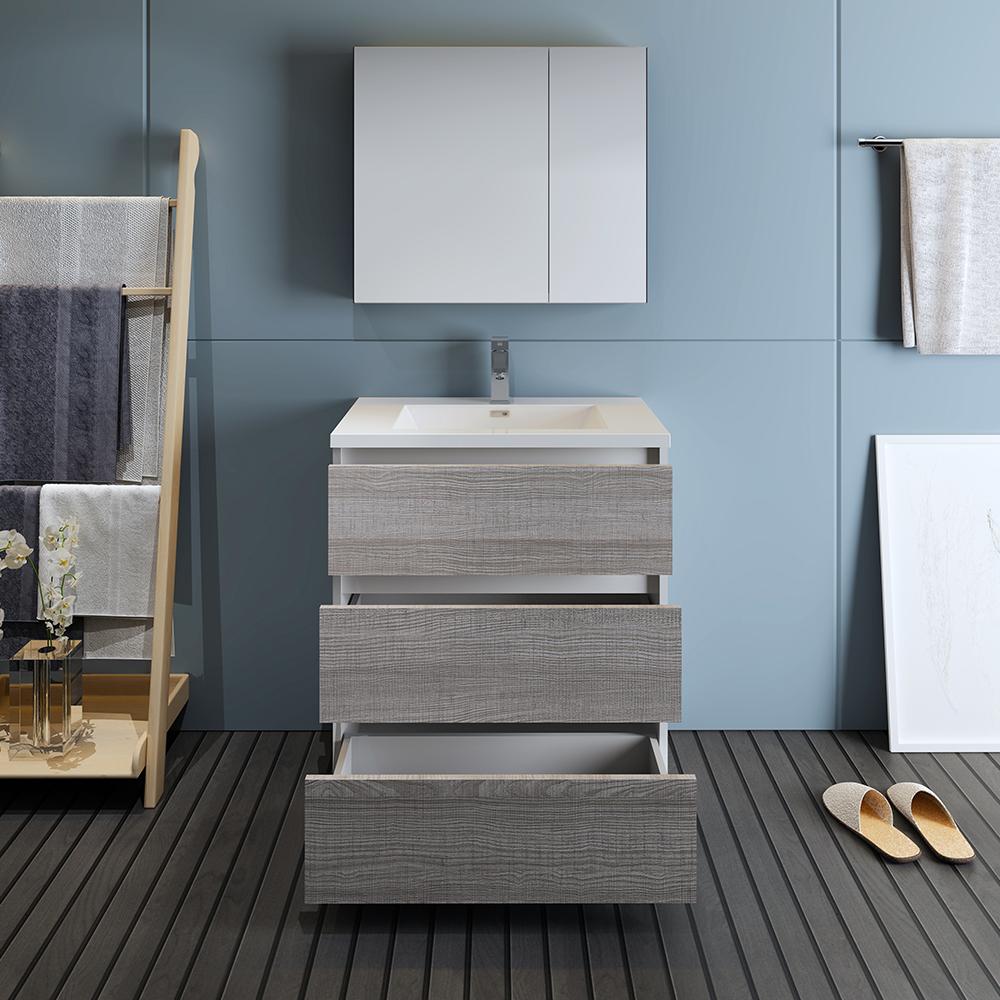 Fresca Lazzaro 30" Glossy Ash Gray Free Standing Modern Bathroom Vanity w/ Medicine Cabinet