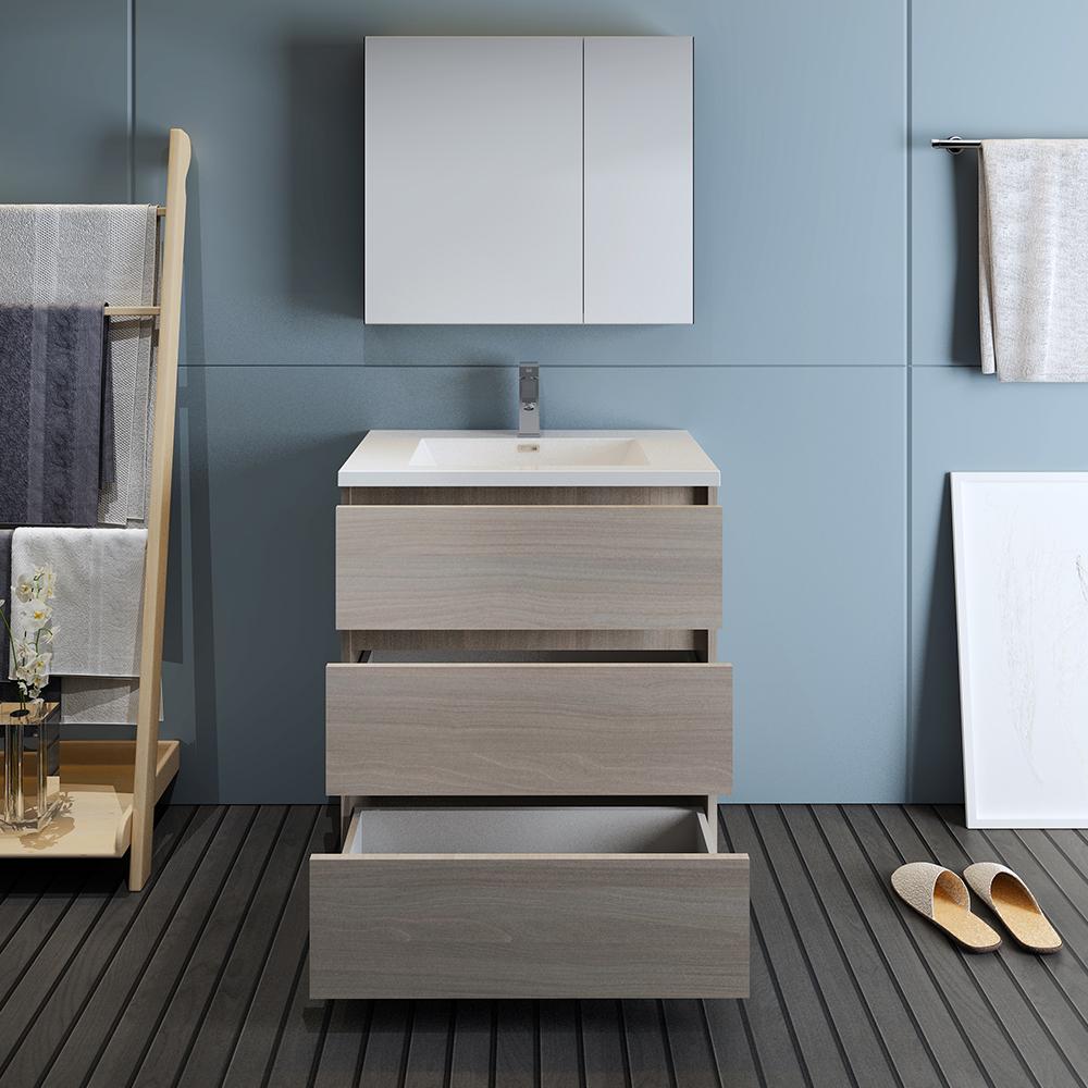 Fresca Lazzaro 30" Gray Wood Free Standing Modern Bathroom Vanity w/ Medicine Cabinet