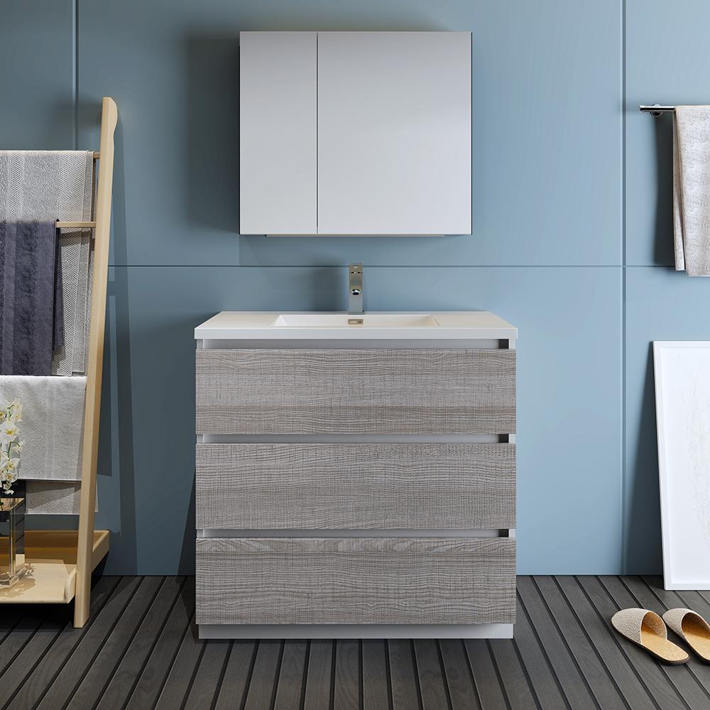 Fresca Lazzaro 36" Glossy Ash Gray Free Standing Modern Bathroom Vanity w/ Medicine Cabinet