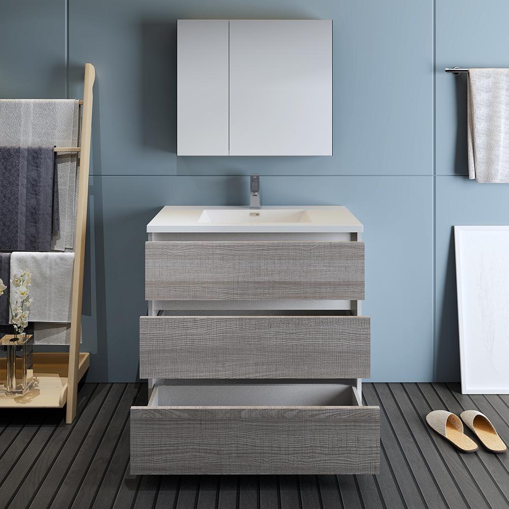 Fresca Lazzaro 36" Glossy Ash Gray Free Standing Modern Bathroom Vanity w/ Medicine Cabinet