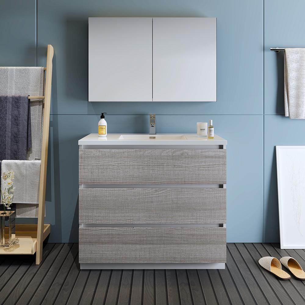 Fresca Lazzaro 42" Glossy Ash Gray Free Standing Modern Bathroom Vanity w/ Medicine Cabinet