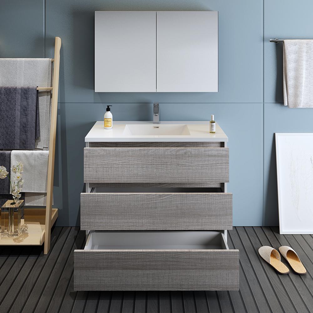 Fresca Lazzaro 42" Glossy Ash Gray Free Standing Modern Bathroom Vanity w/ Medicine Cabinet