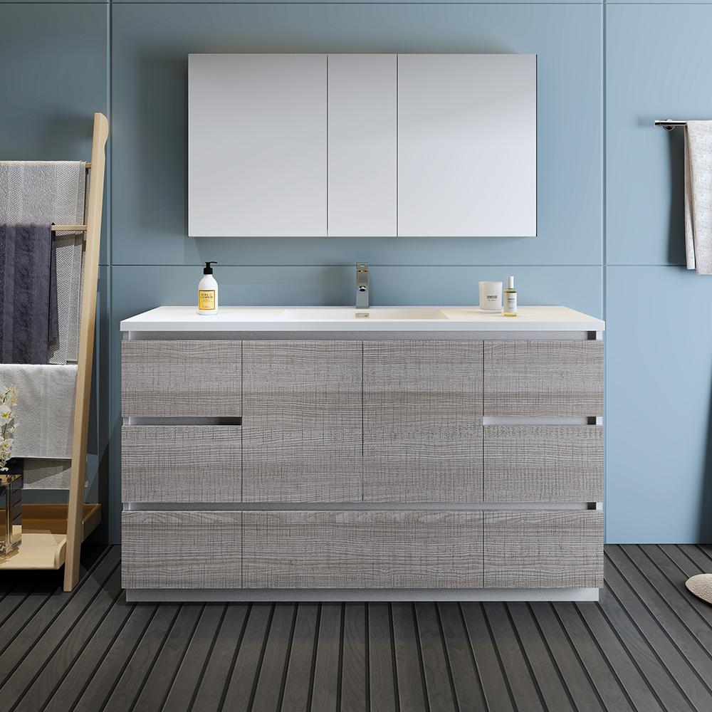 Fresca Lazzaro 60" Glossy Ash Gray Free Standing Single Sink Modern Bathroom Vanity w/ Medicine Cabinet