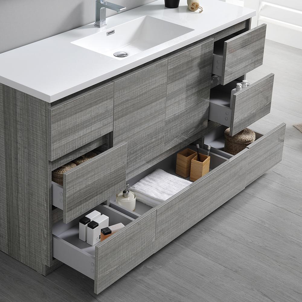 Fresca Lazzaro 60" Glossy Ash Gray Free Standing Single Sink Modern Bathroom Vanity w/ Medicine Cabinet