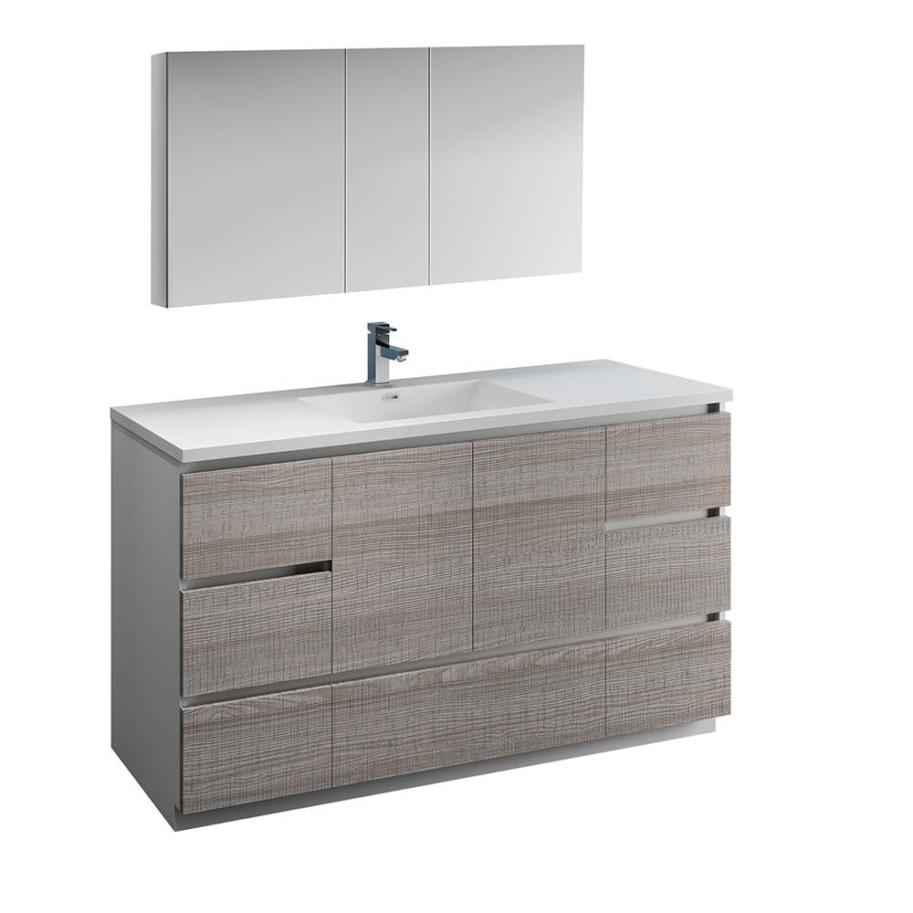 Fresca Lazzaro 60" Glossy Ash Gray Free Standing Single Sink Modern Bathroom Vanity w/ Medicine Cabinet