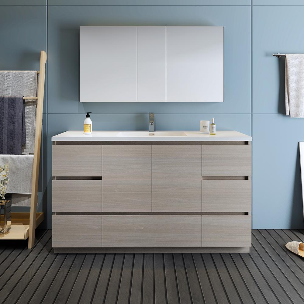 Fresca Lazzaro 60" Gray Wood Free Standing Single Sink Modern Bathroom Vanity w/ Medicine Cabinet