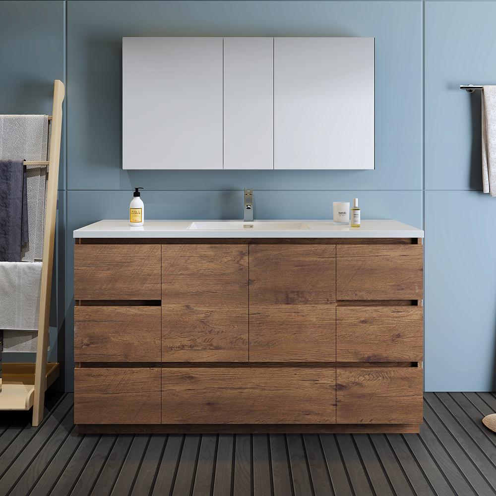 Fresca Lazzaro 60" Rosewood Free Standing Single Sink Modern Bathroom Vanity w/ Medicine Cabinet