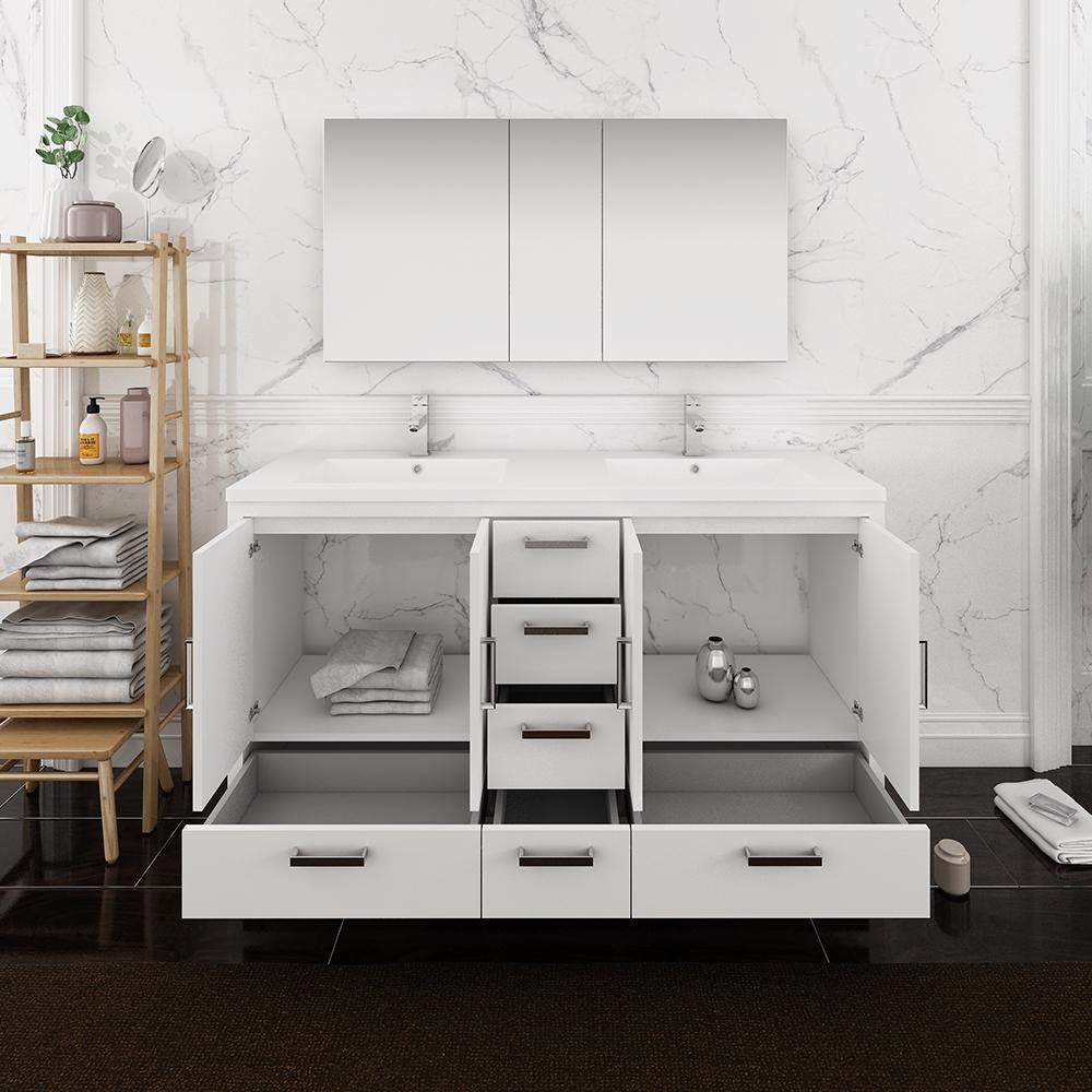Fresca Imperia 60" Glossy White Free Standing Double Sink Modern Bathroom Vanity w/ Medicine Cabinet