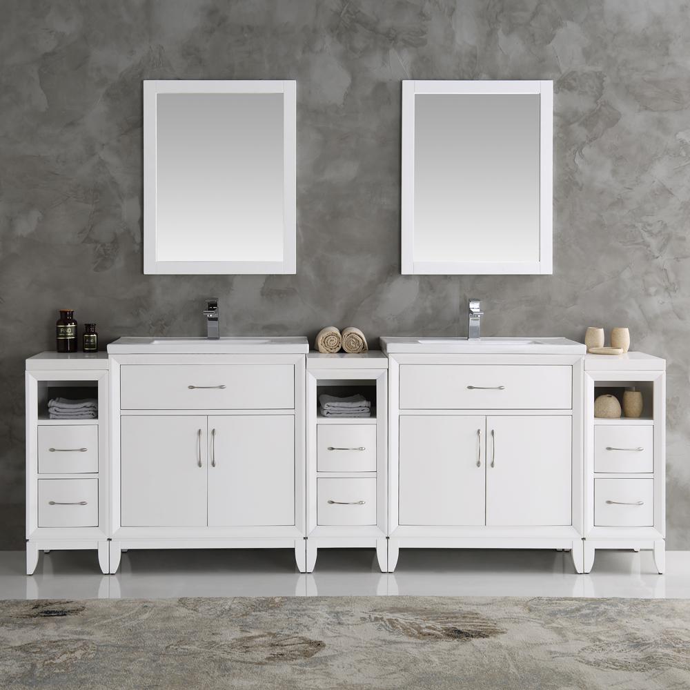 Fresca Cambridge 96" White Double Sink Traditional Bathroom Vanity w/ Mirrors