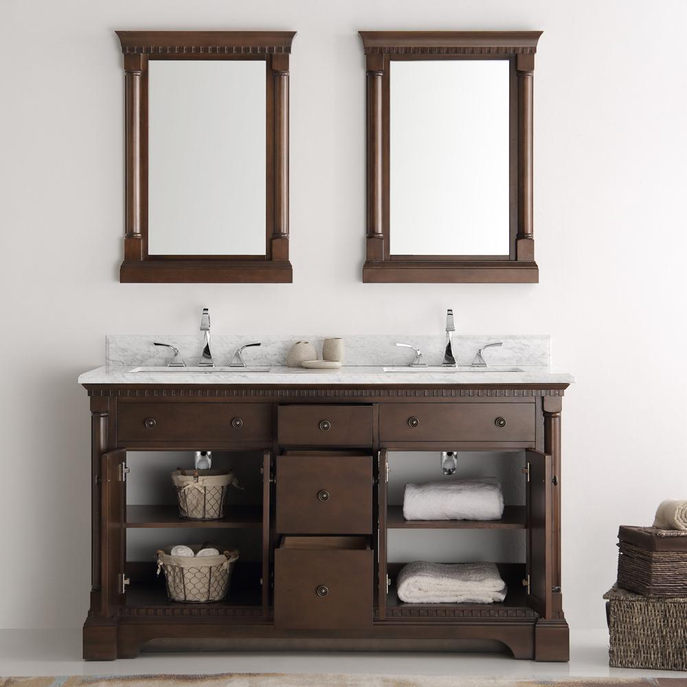 Fresca Kingston 61" Antique Coffee Double Sink Traditional Bathroom Vanity w/ Mirrors