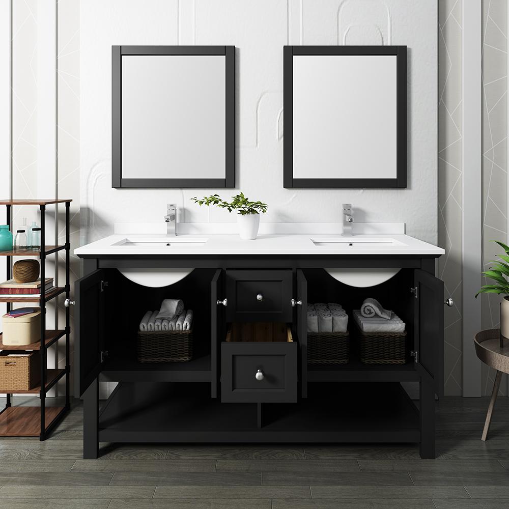 Fresca Manchester 60" Black Traditional Double Sink Bathroom Vanity w/ Mirrors