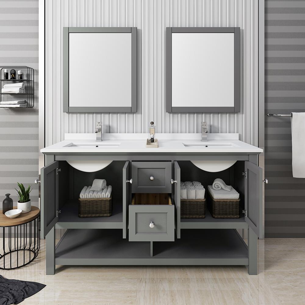Fresca Manchester Regal 60" Gray Wood Veneer Traditional Double Sink Bathroom Vanity w/ Mirrors