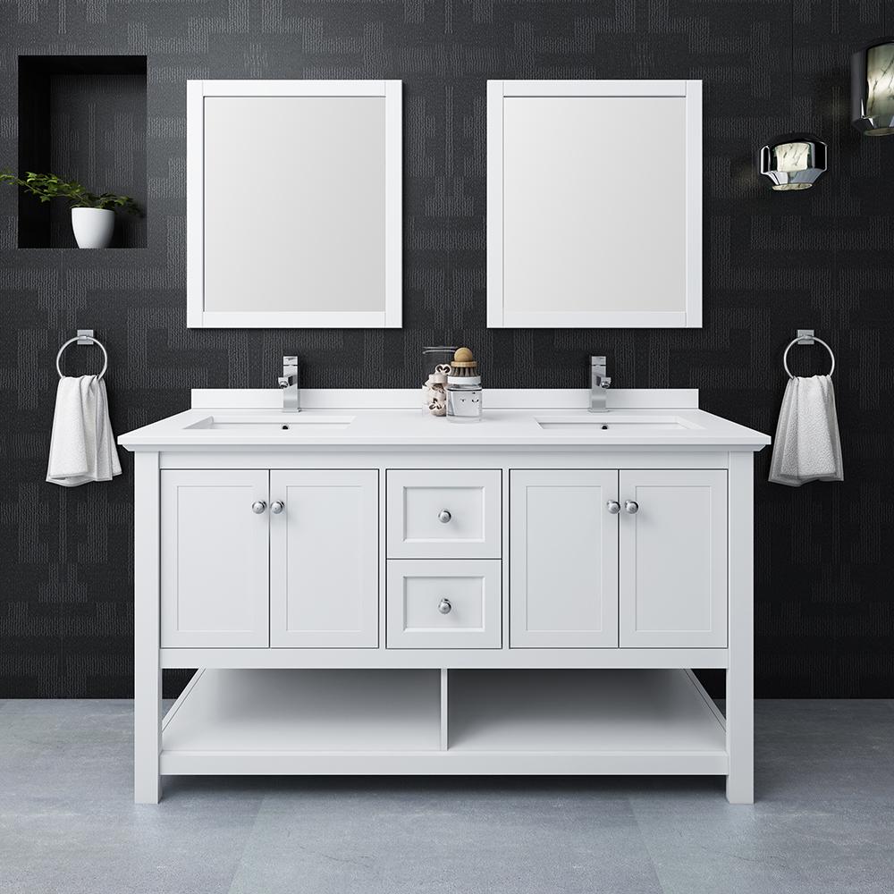 Fresca Manchester 60" White Traditional Double Sink Bathroom Vanity w/ Mirrors