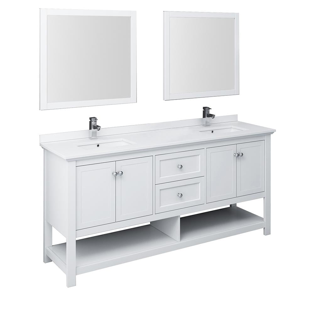 Fresca Manchester 72" White Traditional Double Sink Bathroom Vanity w/ Mirrors