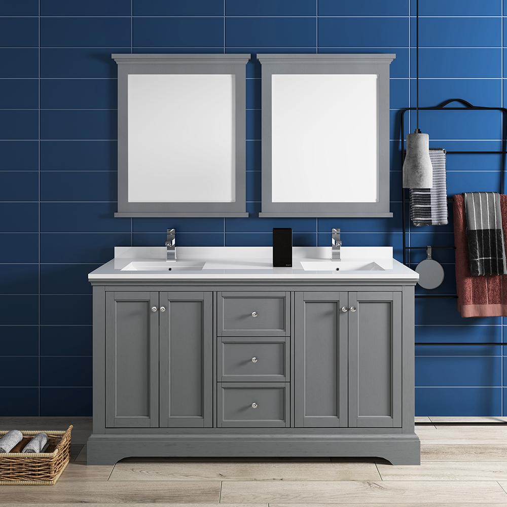 Fresca Windsor 60" Gray Textured Traditional Double Sink Bathroom Vanity w/ Mirrors