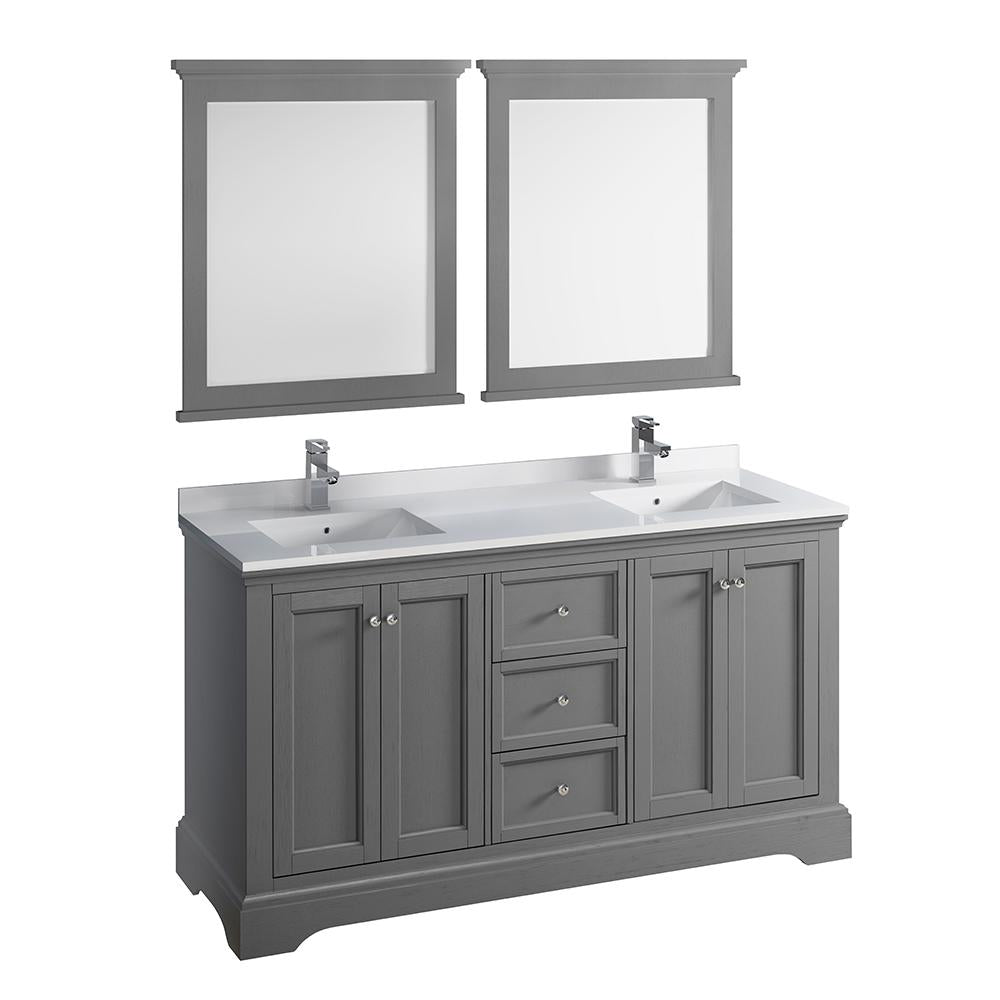 Fresca Windsor 60" Gray Textured Traditional Double Sink Bathroom Vanity w/ Mirrors