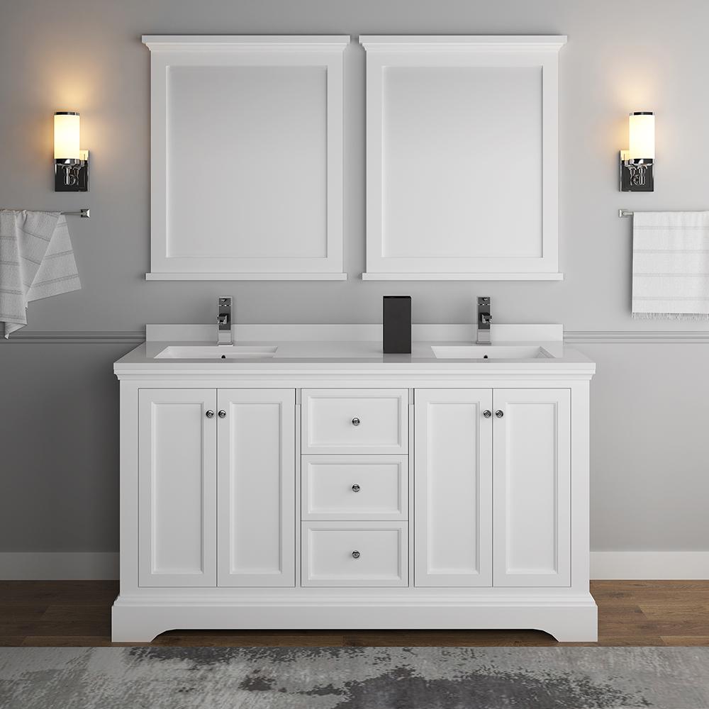 Fresca Windsor 60" Matte White Traditional Double Sink Bathroom Vanity w/ Mirrors