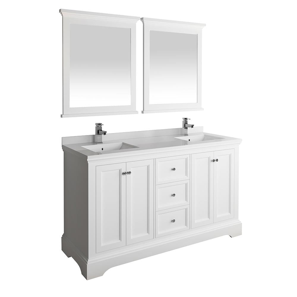 Fresca Windsor 60" Matte White Traditional Double Sink Bathroom Vanity w/ Mirrors