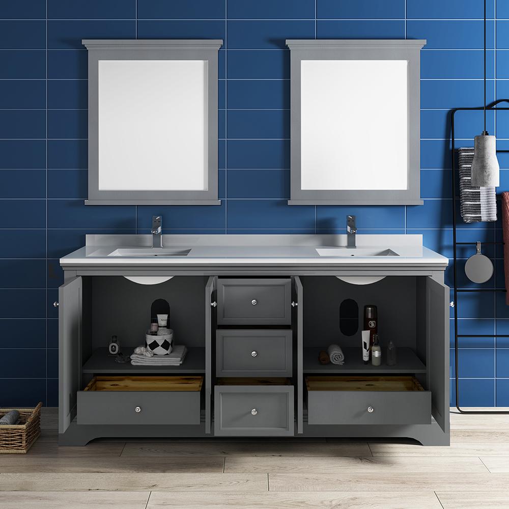 Fresca Windsor 72" Gray Textured Traditional Double Sink Bathroom Vanity w/ Mirrors