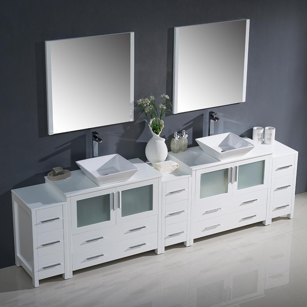 Fresca Torino 108" White Modern Double Sink Bathroom Vanity w/ 3 Side Cabinets & Vessel Sinks