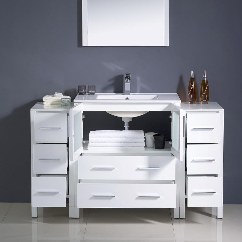 Fresca Torino 54" White Modern Bathroom Vanity w/ 2 Side Cabinets & Integrated Sink
