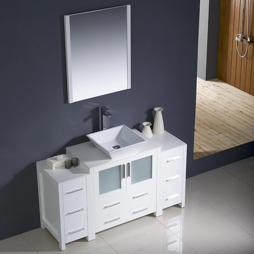 Fresca Torino 54" White Modern Bathroom Vanity w/ 2 Side Cabinets & Vessel Sink