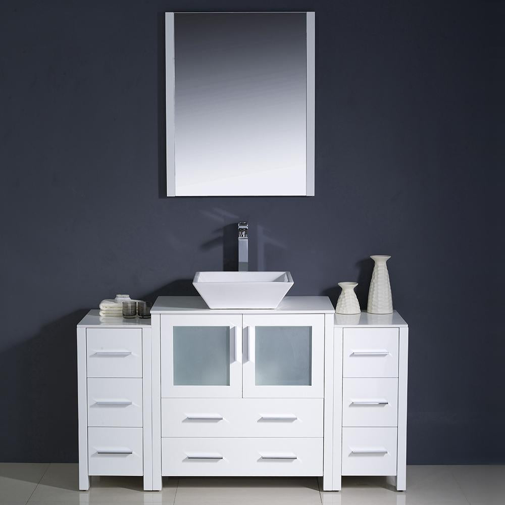 Fresca Torino 54" White Modern Bathroom Vanity w/ 2 Side Cabinets & Vessel Sink