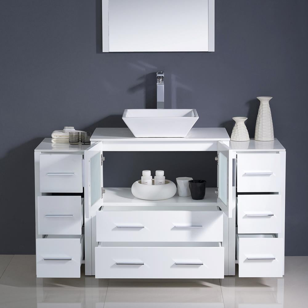 Fresca Torino 54" White Modern Bathroom Vanity w/ 2 Side Cabinets & Vessel Sink