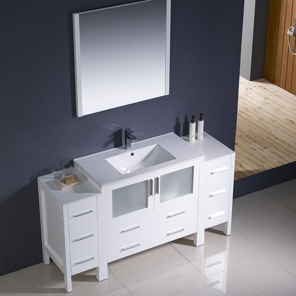 Fresca Torino 60" White Modern Bathroom Vanity w/ 2 Side Cabinets & Integrated Sink