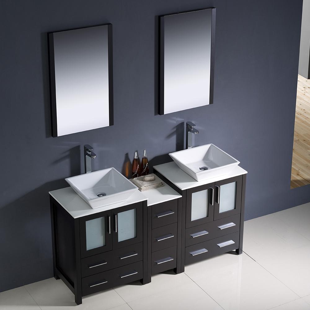 Fresca Torino 60" Espresso Modern Double Sink Bathroom Vanity w/ Side Cabinet & Vessel Sinks