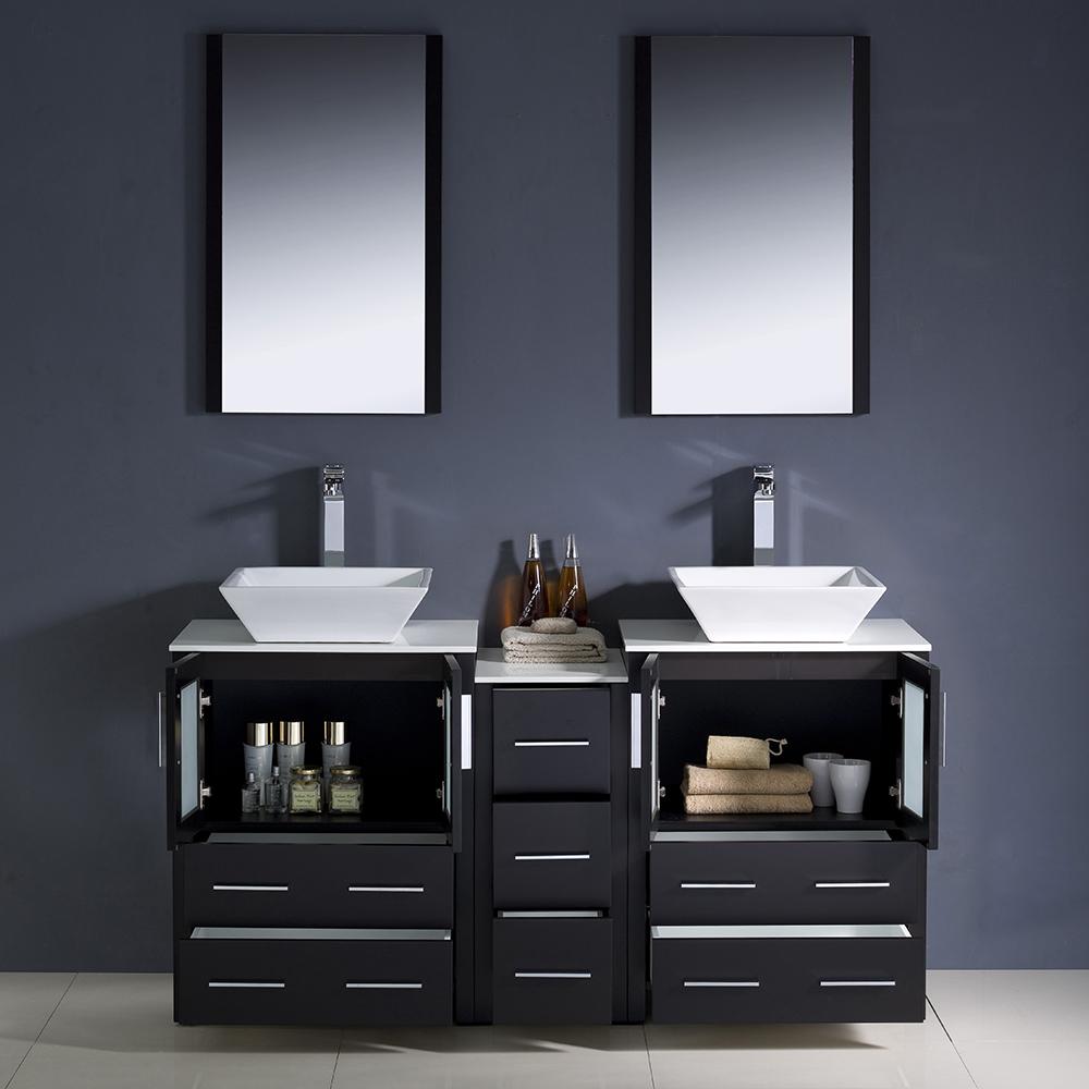 Fresca Torino 60" Espresso Modern Double Sink Bathroom Vanity w/ Side Cabinet & Vessel Sinks
