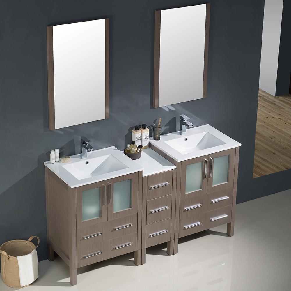 Fresca Torino 60" Gray Oak Modern Double Sink Bathroom Vanity w/ Side Cabinet & Integrated Sinks