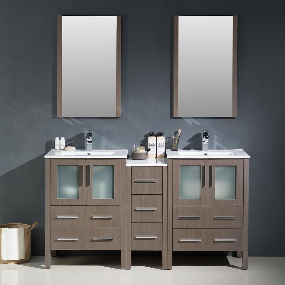 Fresca Torino 60" Gray Oak Modern Double Sink Bathroom Vanity w/ Side Cabinet & Integrated Sinks