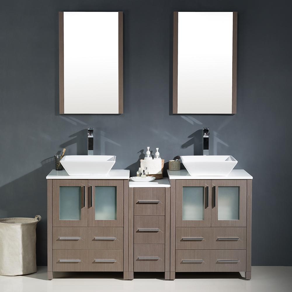 Fresca Torino 60" Gray Oak Modern Double Sink Bathroom Vanity w/ Side Cabinet & Vessel Sinks