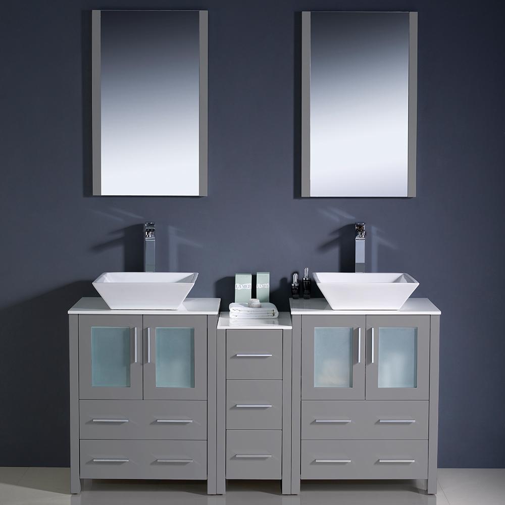 Fresca Torino 60" Gray Modern Double Sink Bathroom Vanity w/ Side Cabinet & Vessel Sinks